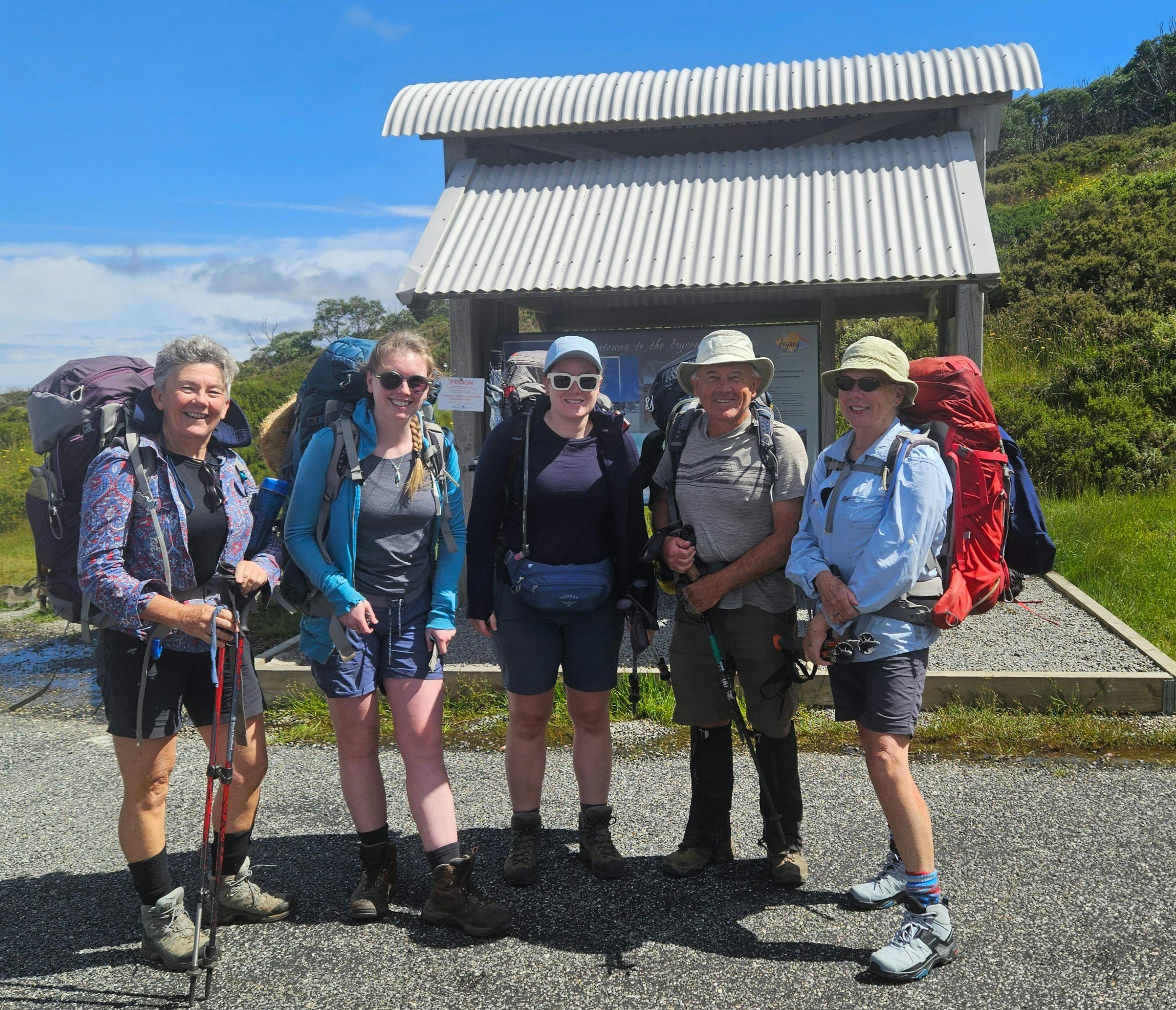 Hikers preparing for the Alpine Crossing at Heathy Spur