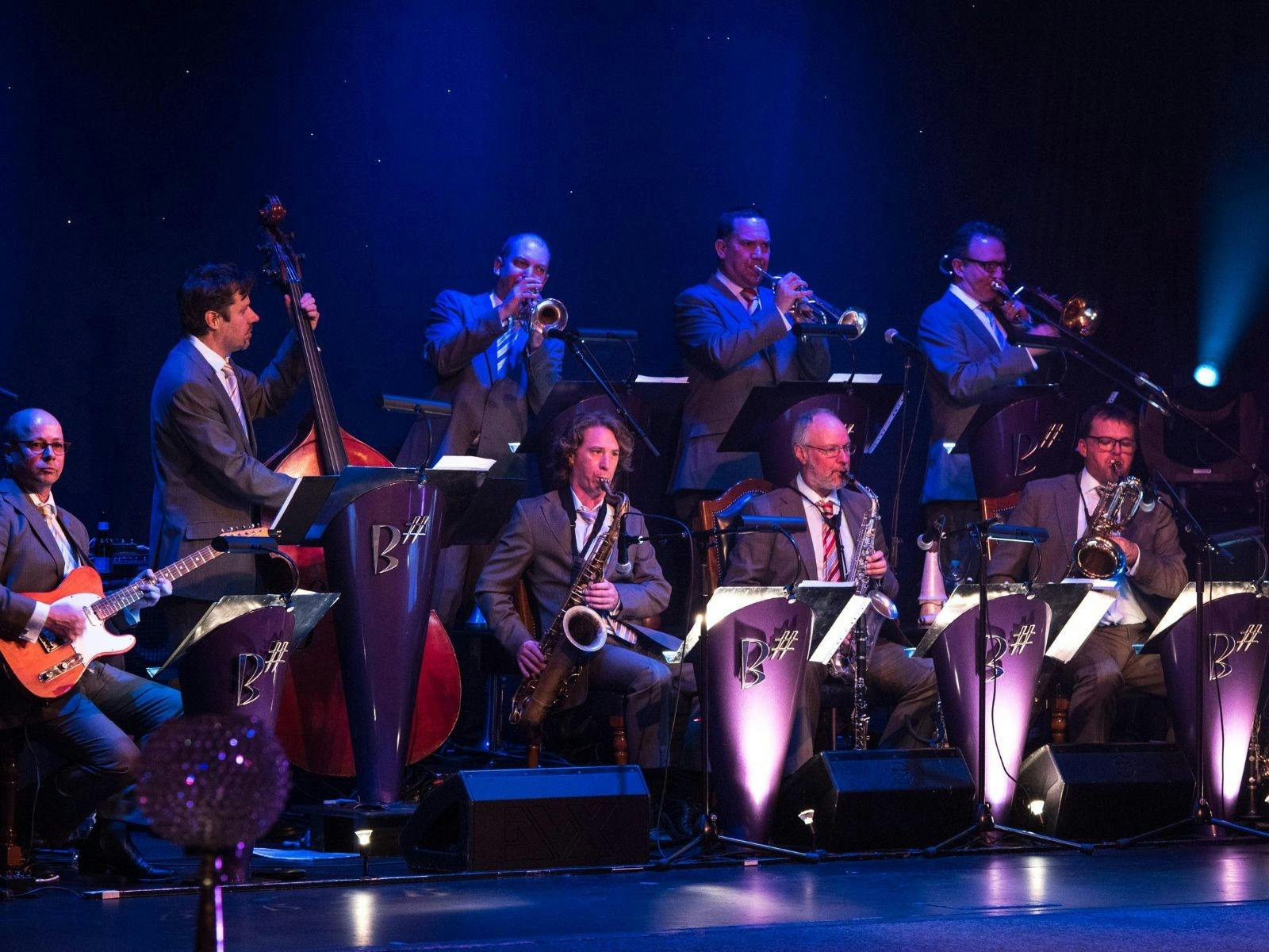 Big Band Performers on stage, playing different instruments