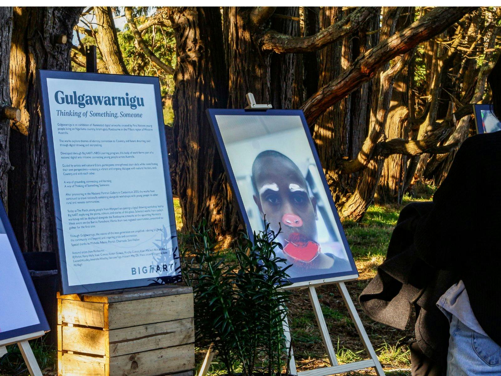 artwork on lightbox and title board outside in forest on easels