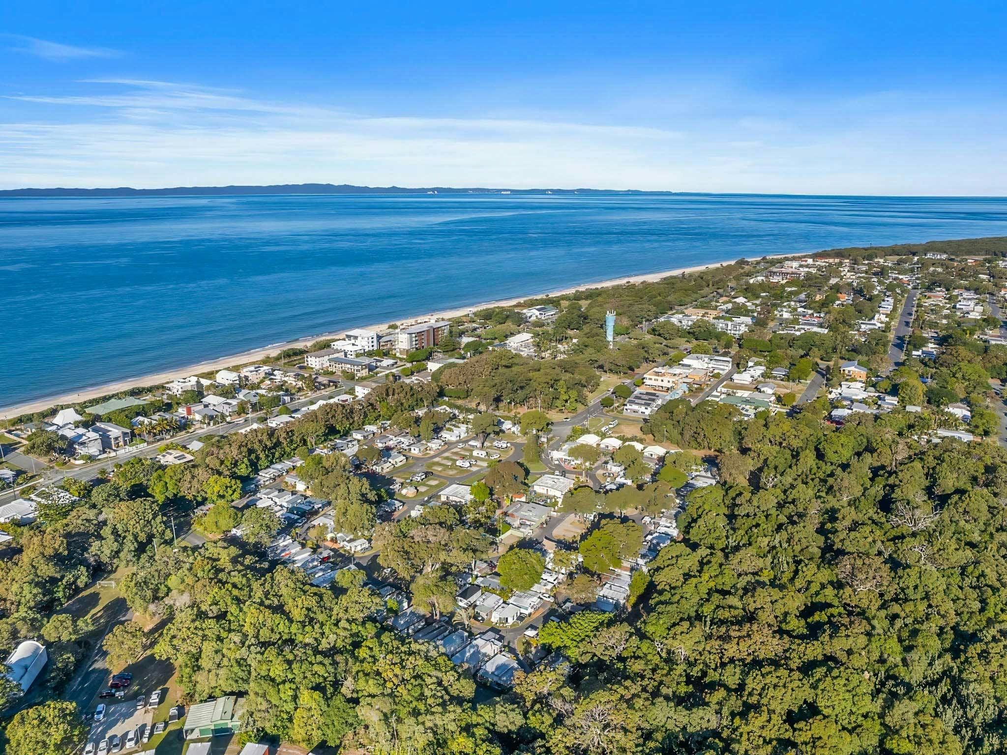 Aerial View of Bribie Island Caravan Park Looking out over to Woorim Surf Beach and Morton Bay Aerial View of Bribie Island Caravan Park Looking out over to Woorim Surf Beach and Morton Bay