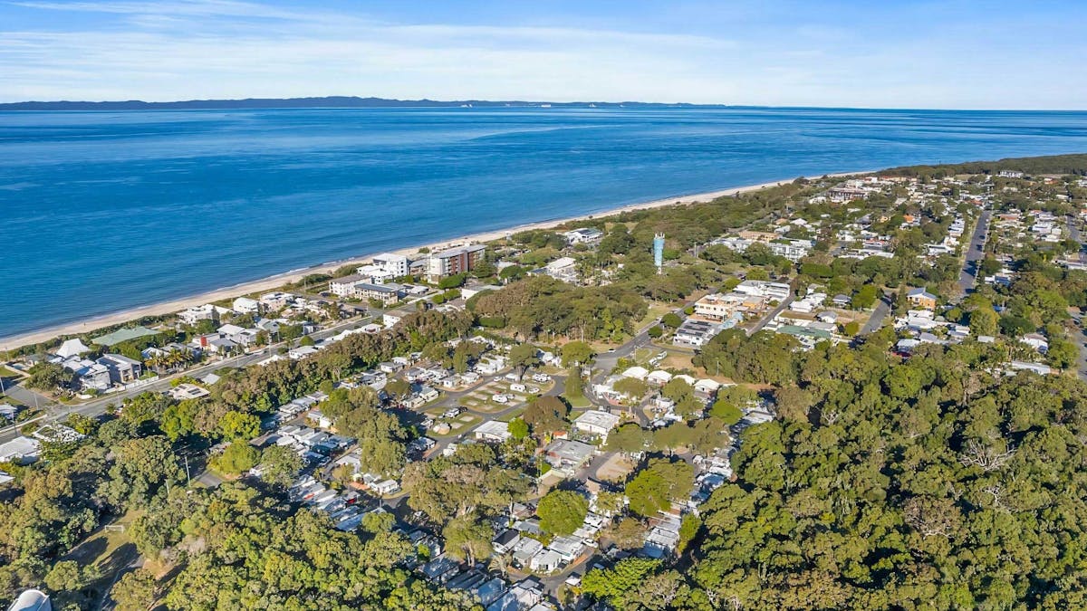 Aerial View of Bribie Island Caravan Park Looking out over to Woorim Surf Beach and Morton Bay
