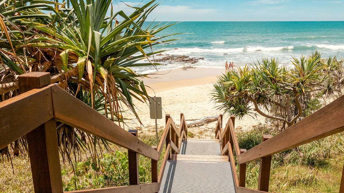 High angle looking down the stairway over Third Bay, Coolum Beach.