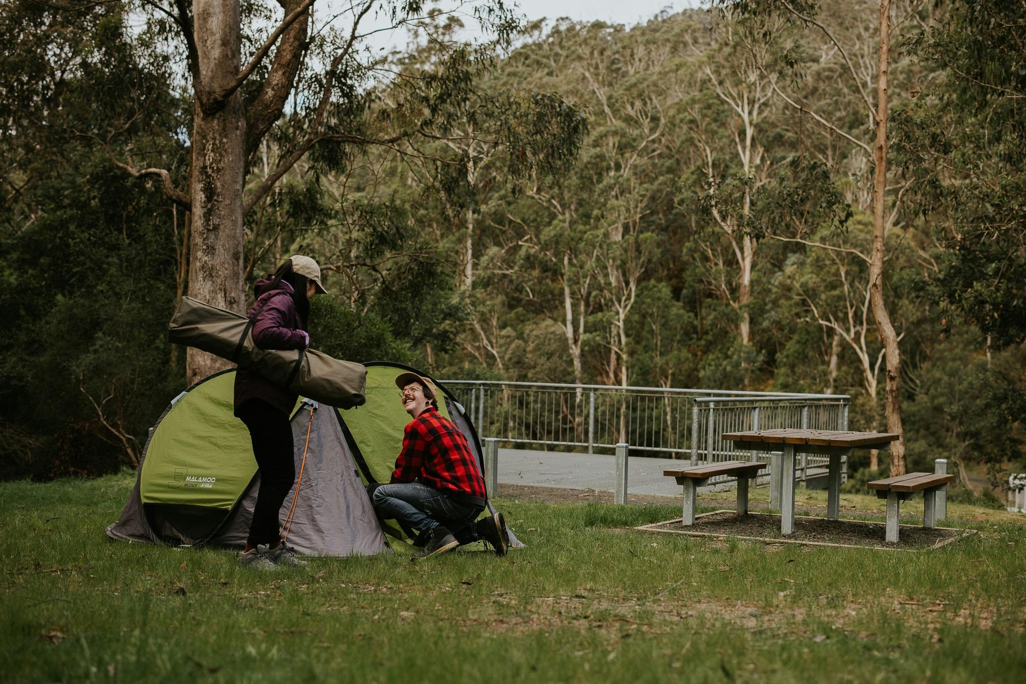 Setting up camp at Brunton's Bridge Campground