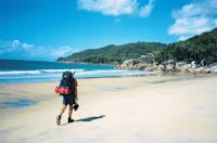 Walkers with overnight packs on beach in Ramsay Bay.