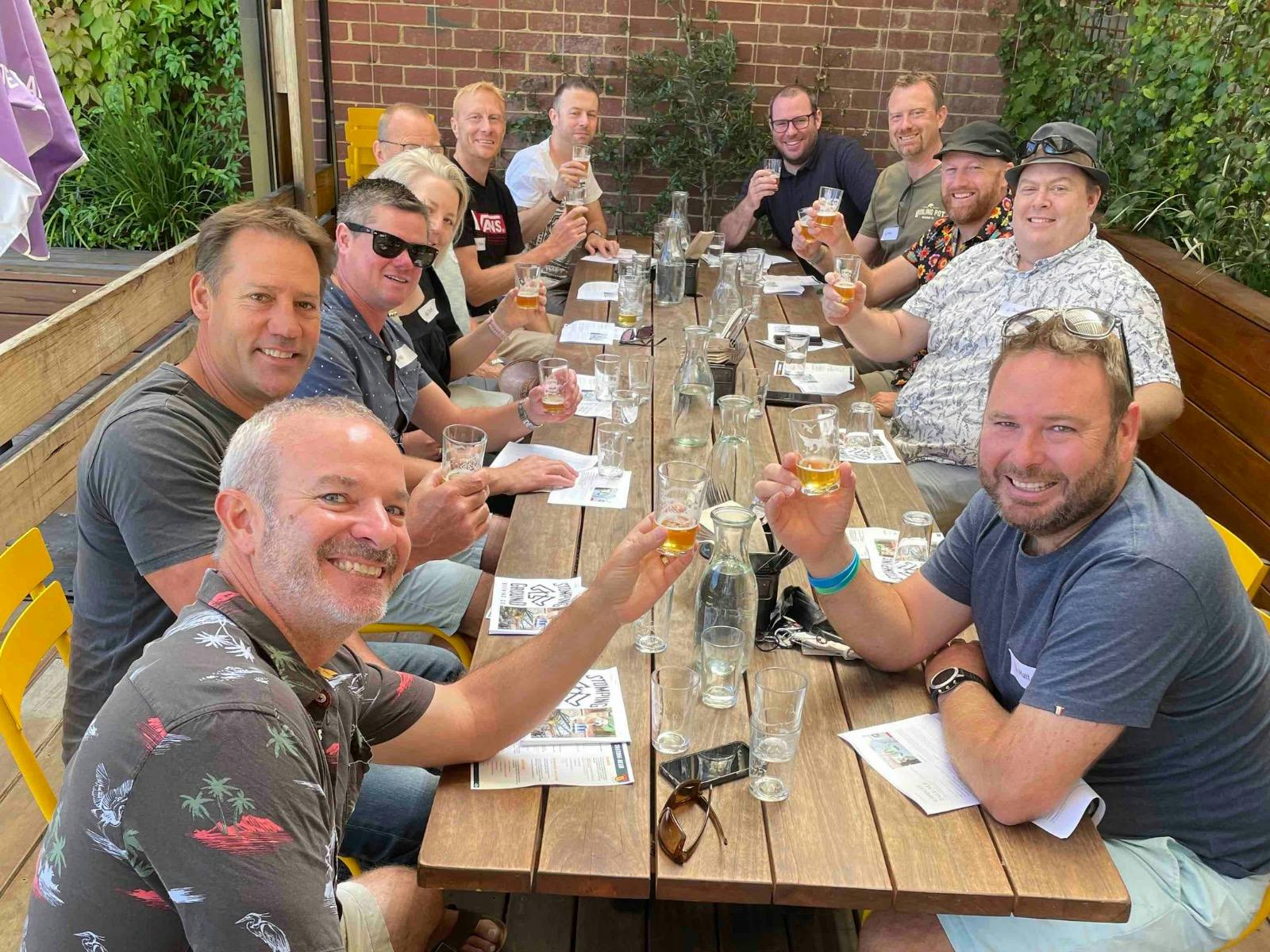 A group photo out the front of Wolf of the Willows Brewery