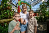 A family of 2 children and a mother looking at a butterfly which landed on the mother's finger.