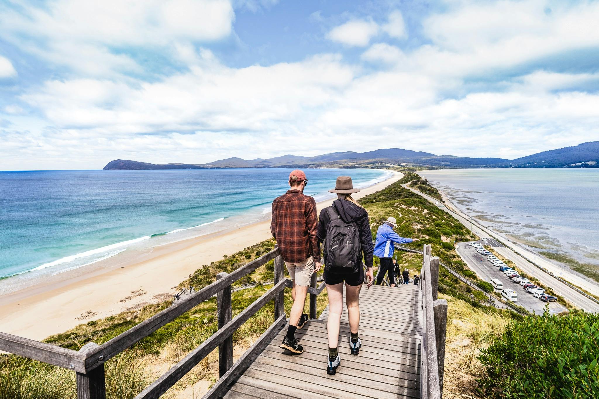 Couple at the top of Truganini Lookout overlooking The Neck