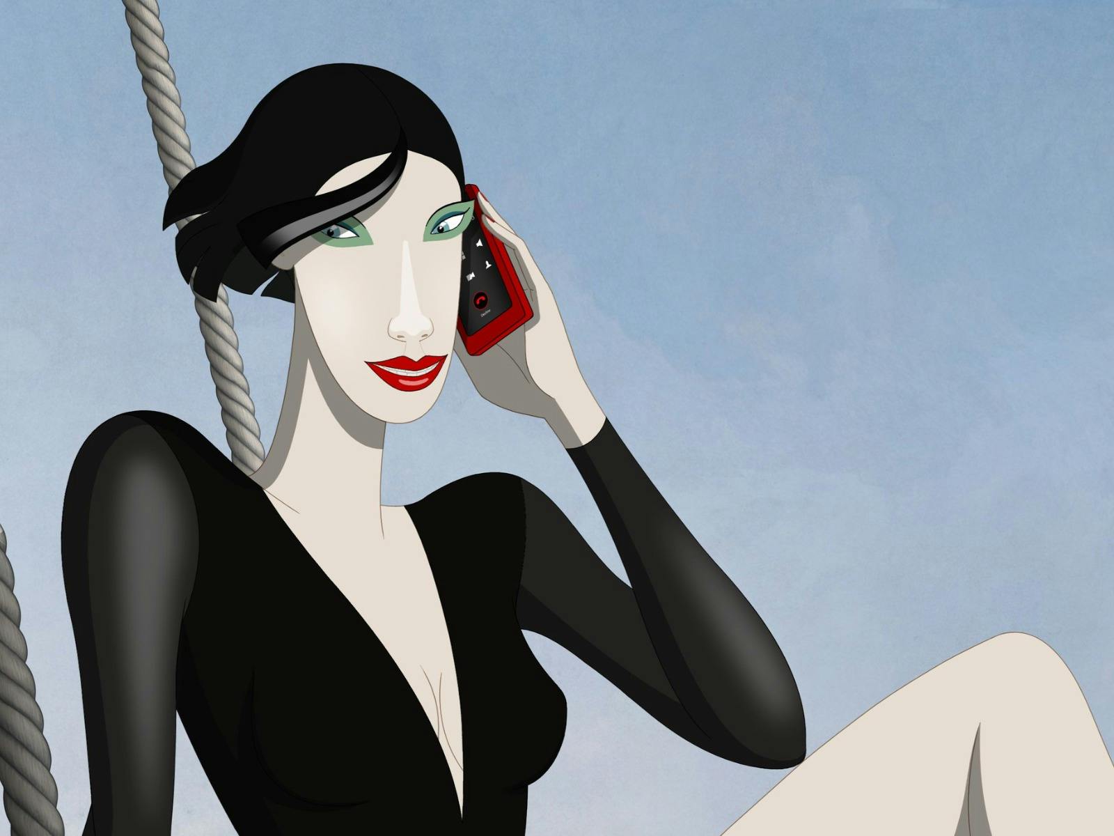 Animation of a woman with black hair and black top talking on a red mobile phone