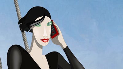 Animation of a woman with black hair and black top talking on a red mobile phone