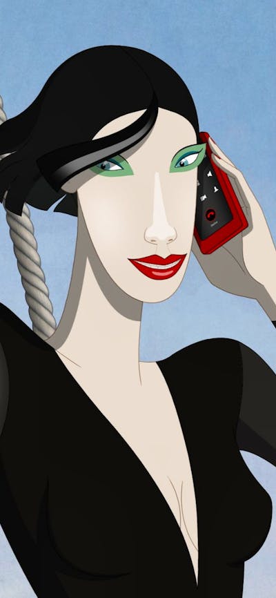 Animation of a woman with black hair and black top talking on a red mobile phone