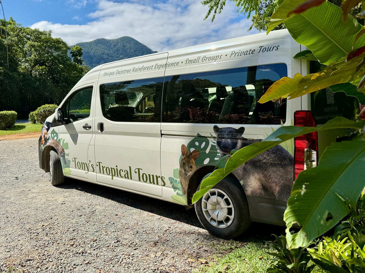 Tony's Tropical Tours' van in front of Thornton's Peak