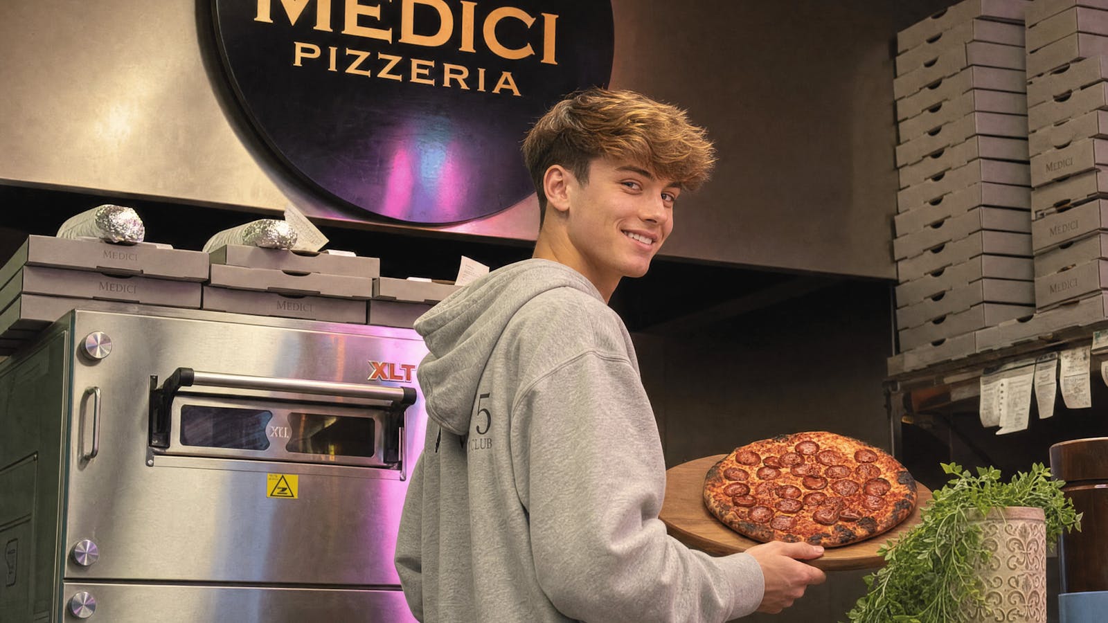 A pizza straight out of the oven at Medici Pizzeria