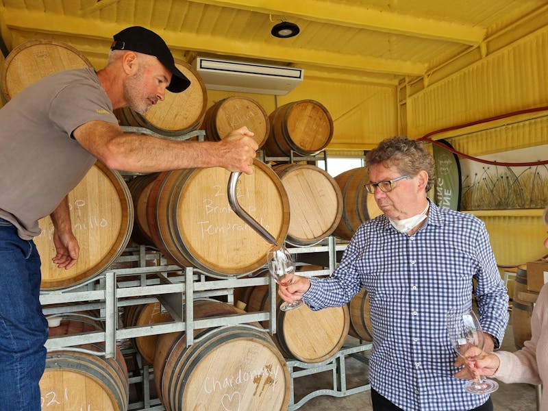 Tasting Tasmanian Wines Near Hobart, straight out of the barrel, at Brinktop Wines, Penna.