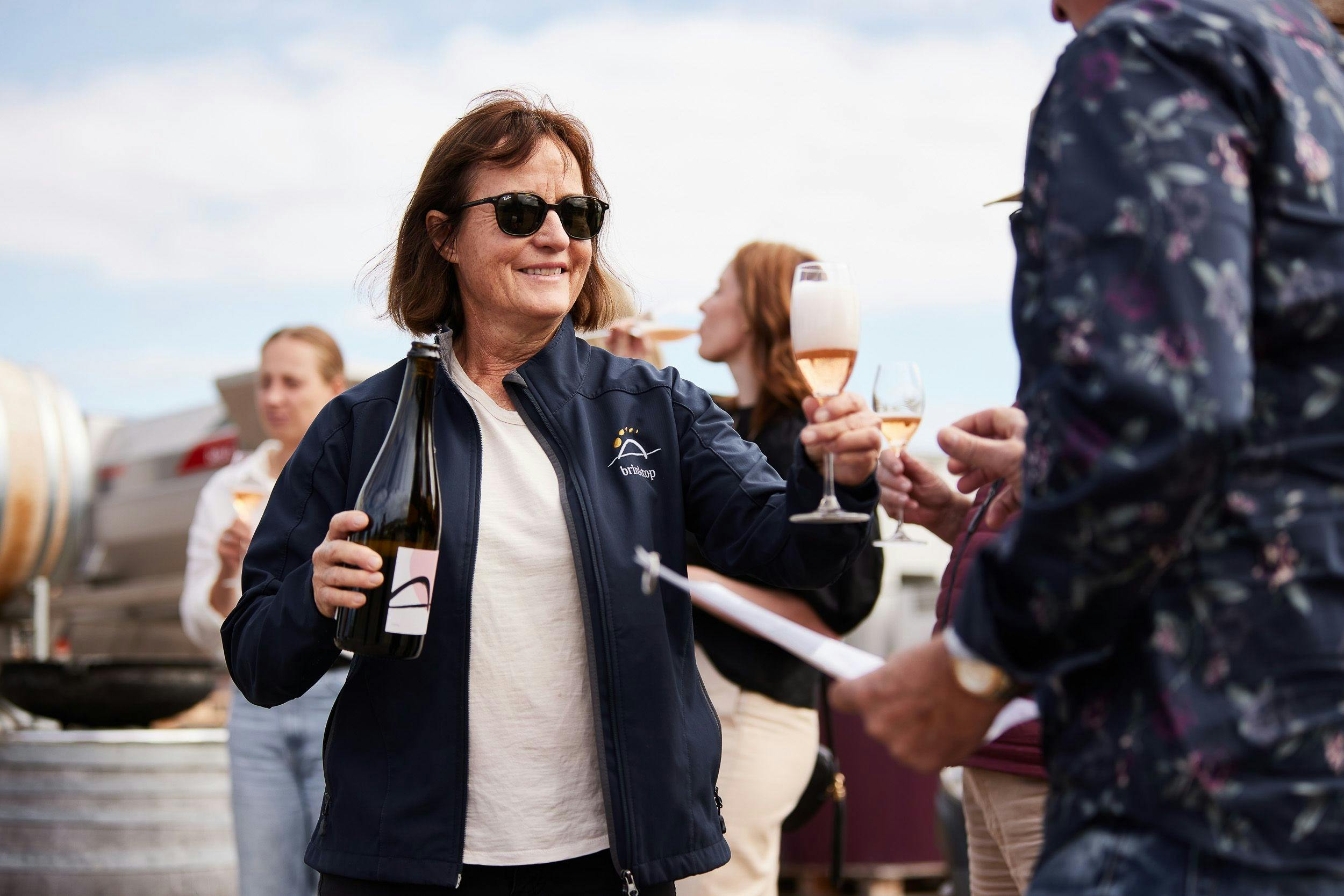 Gill, owner and vigneron at Brinktop Wines presenting to guests, Coal River Valley, Hobart, Tasmania