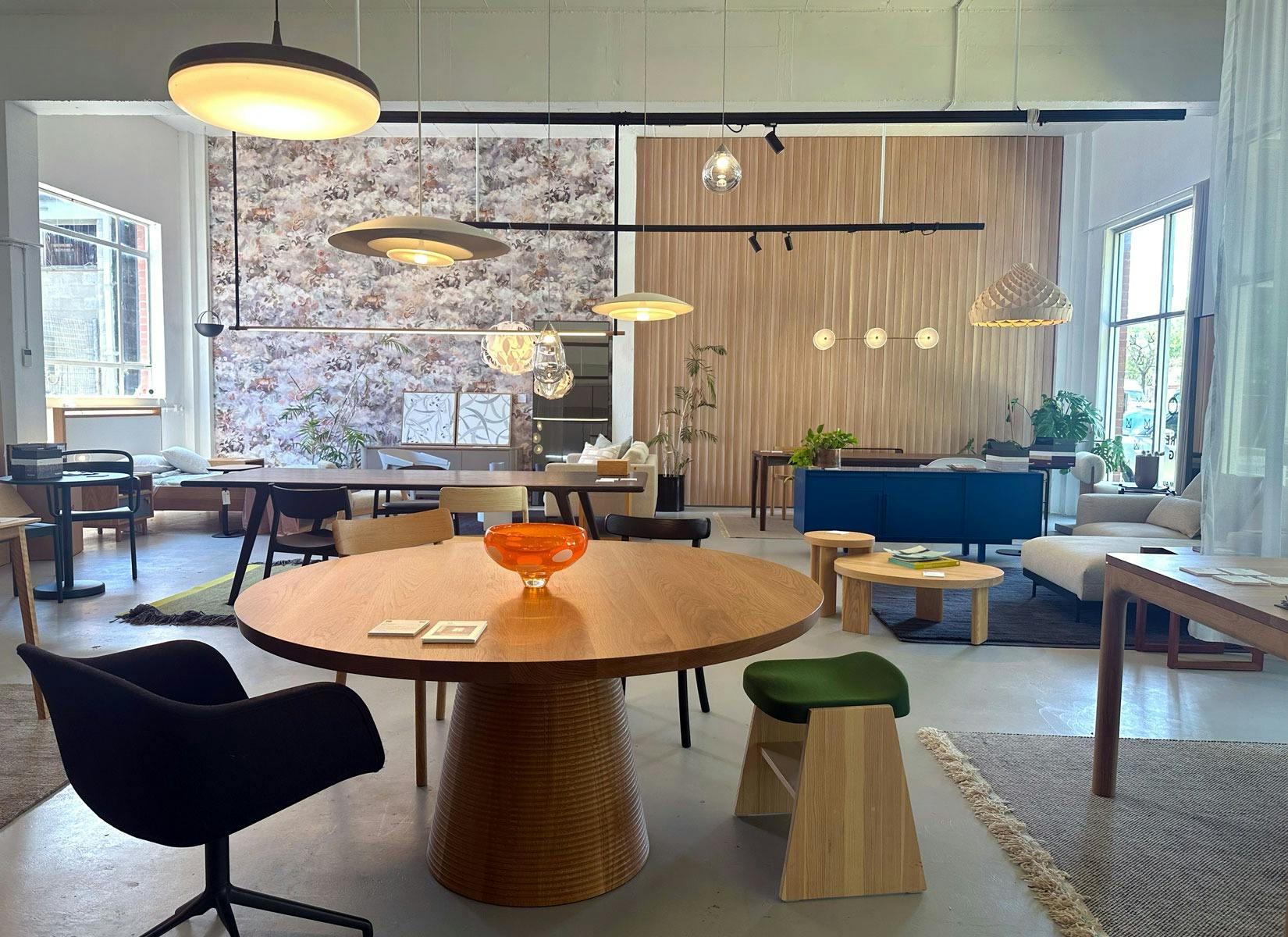 Image of Miko showroom, featuting furniture, lighting and rugs.