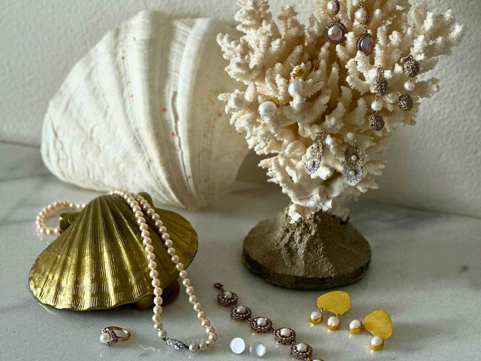 珊瑚、真鍮の貝殻、大きな貝殻に真珠と水晶のジュエリーをあしらったもの