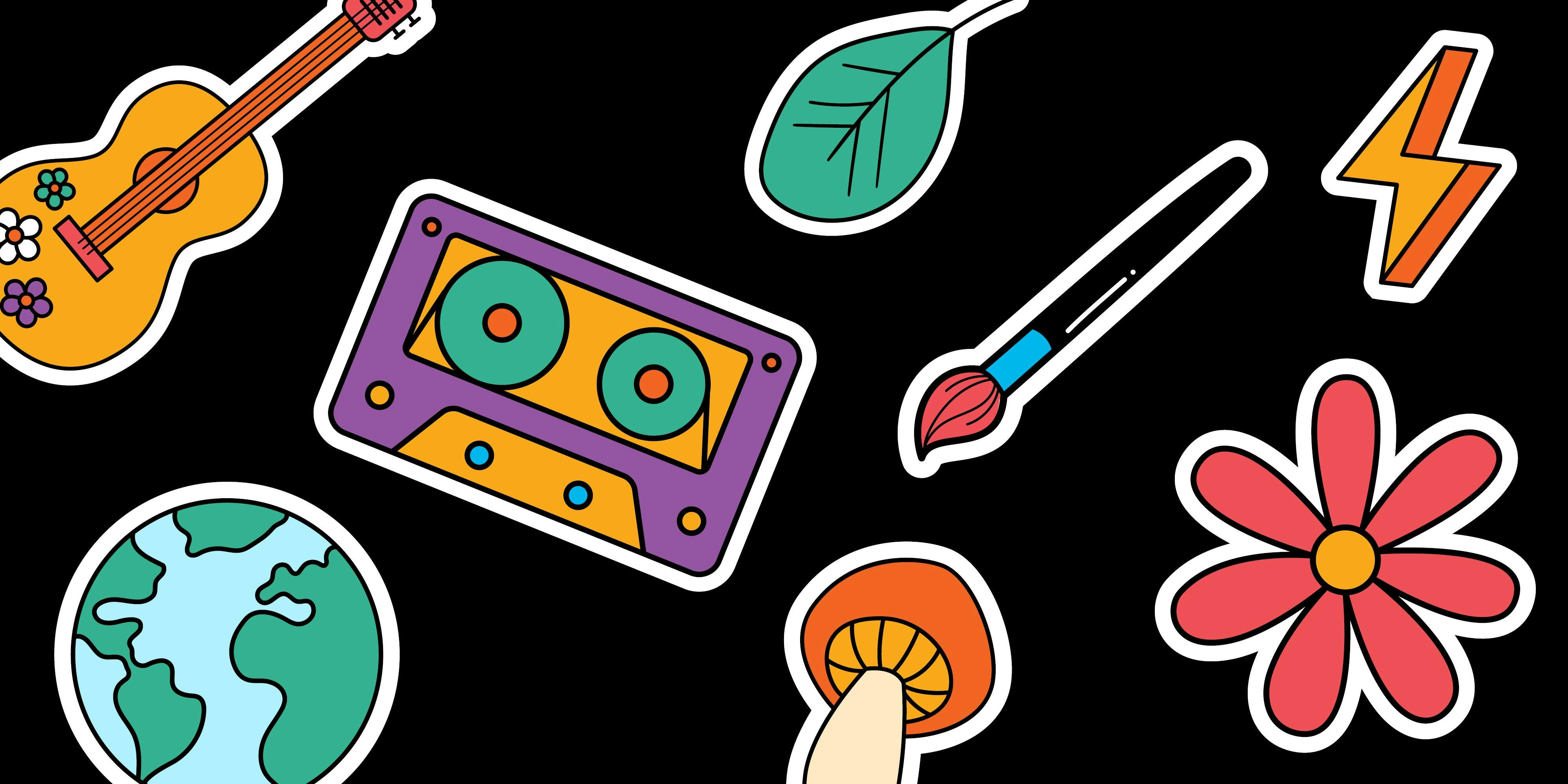 Graphic of flower, paintbrush, leaf, cassette tape and guitar