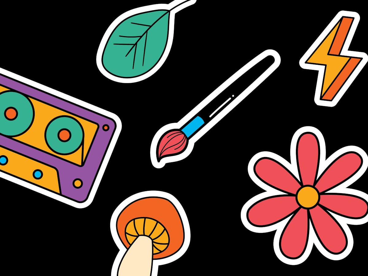 Graphic of flower, paintbrush, leaf, cassette tape and guitar