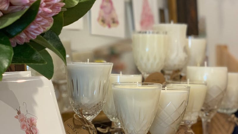 Candles in vintage crystal glasses, hand-poured in Hobart
