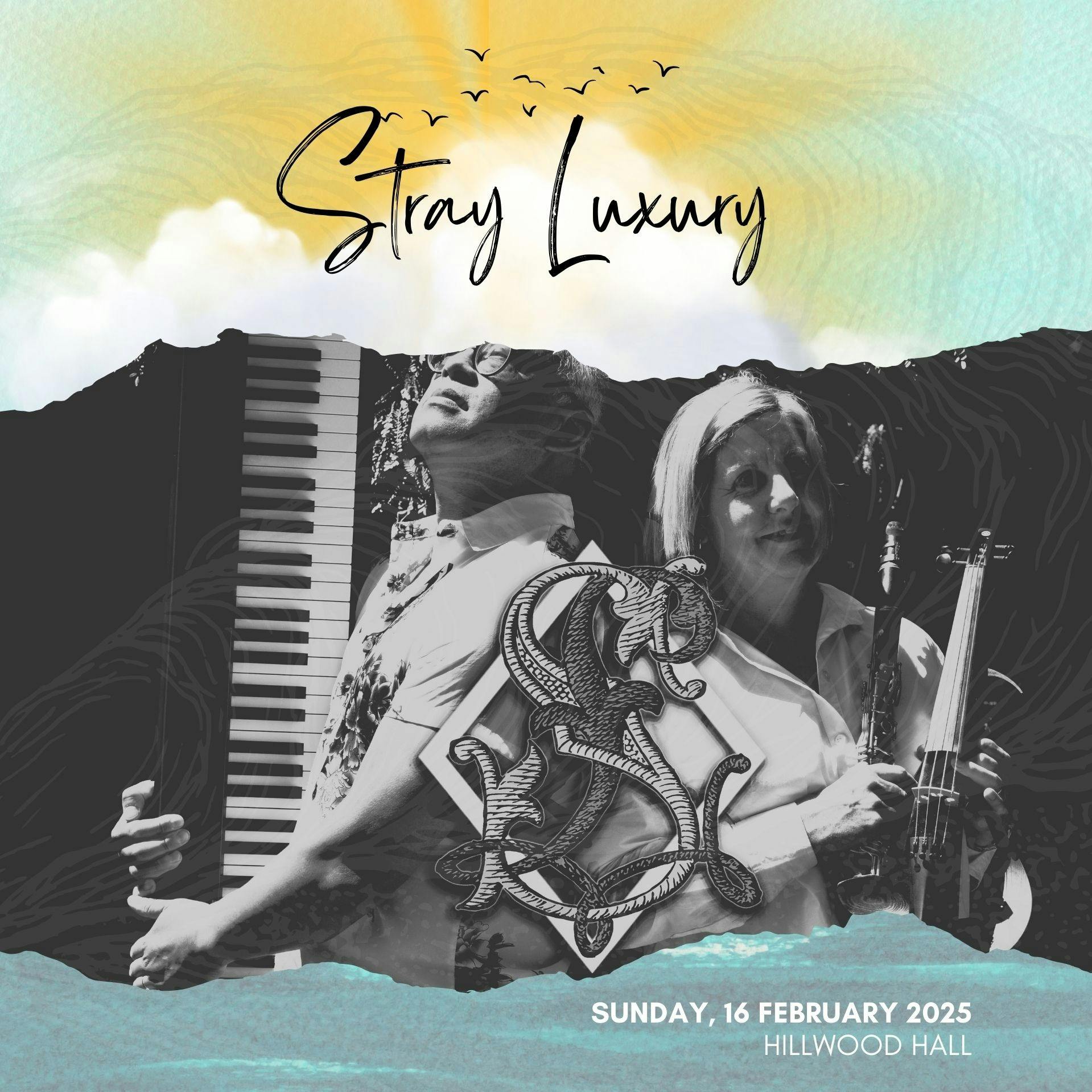 Stray Luxury duo posing with a keyboard and saxophone, event info.