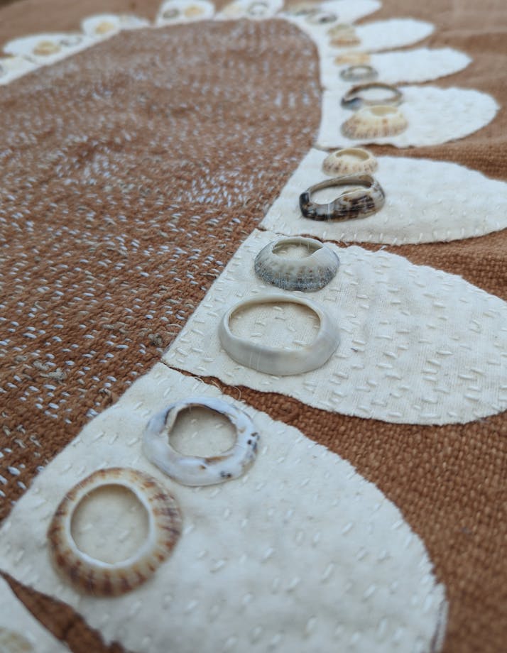 Brown textile with petals in white and natural shells