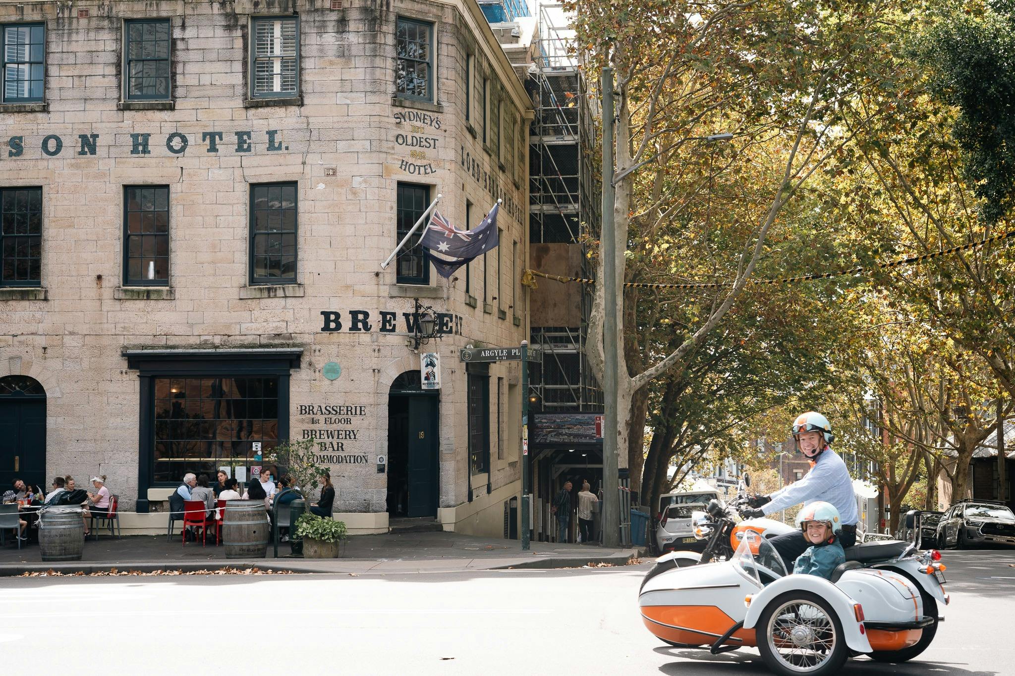 a motorbike and sidecar by the Lord Nelson Hotel in the Rocks