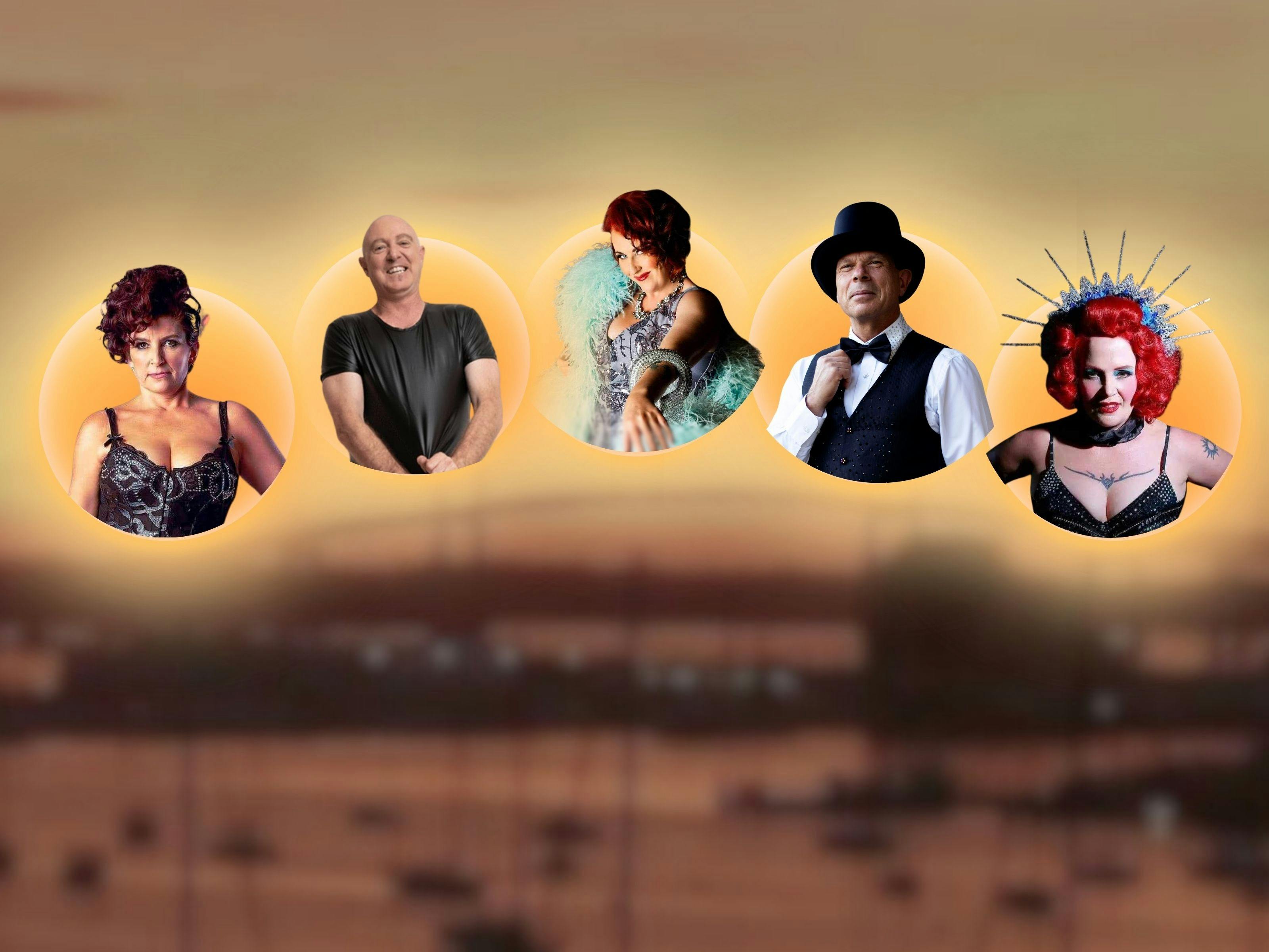 Images of the five troupe members with the view of the West Gate Bridge as seen from the Venue