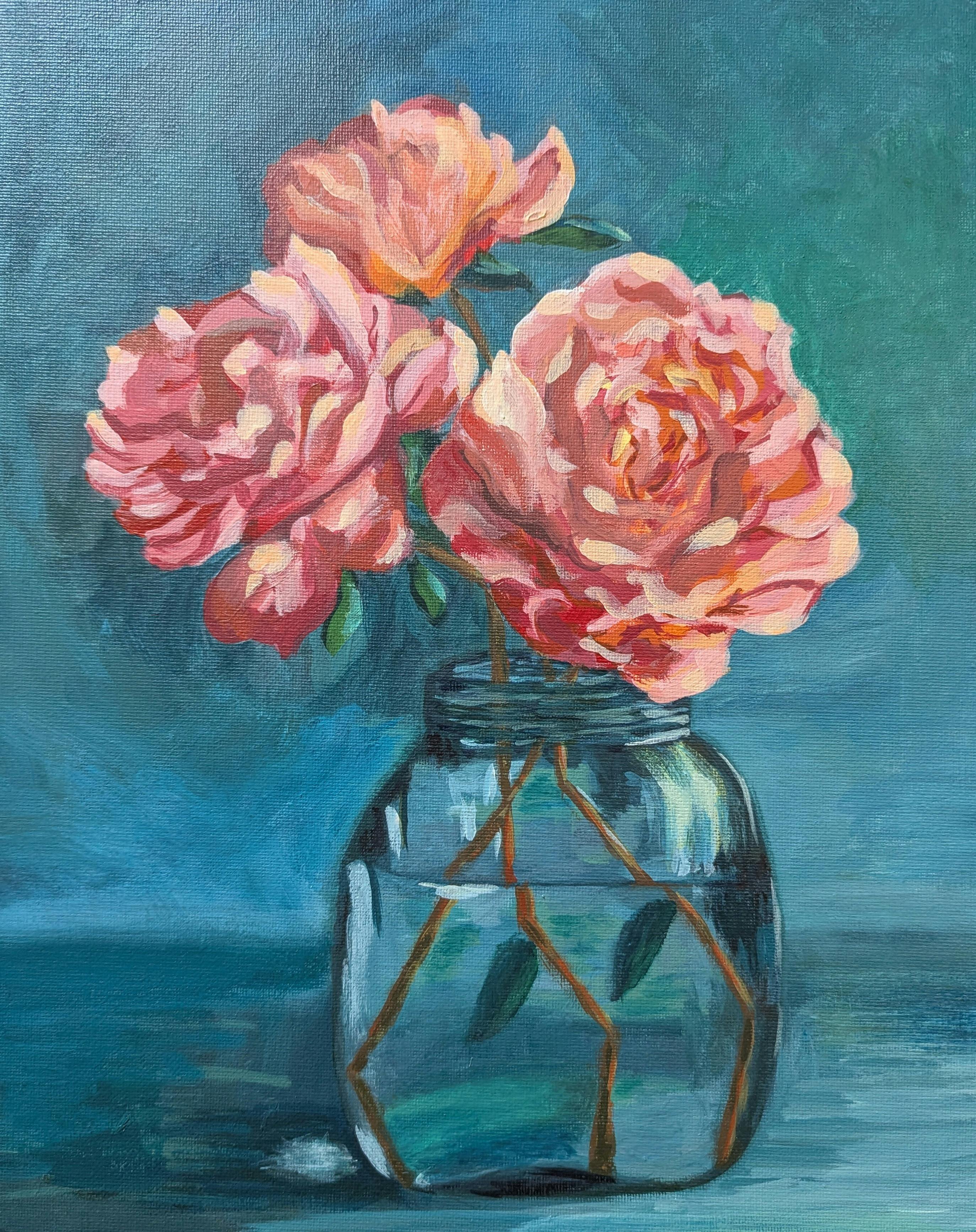 Three roses in a glass jar