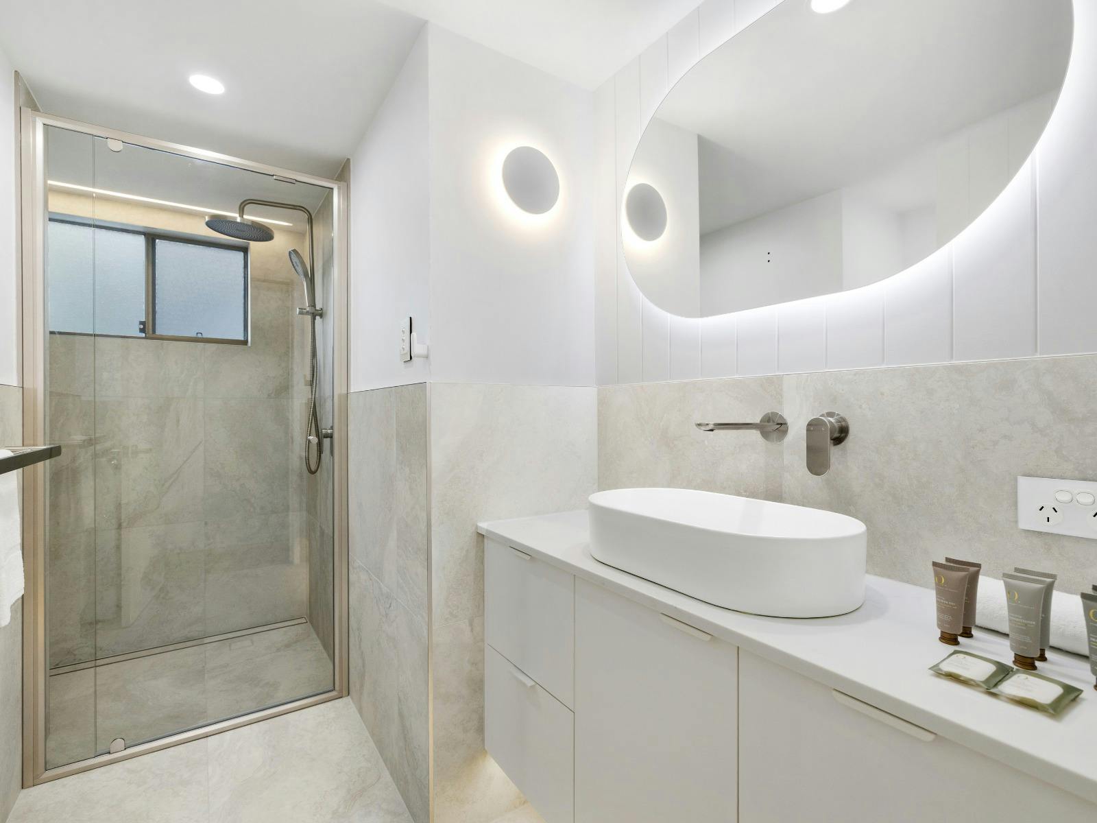 Fresh bathrooms with walk-in showers