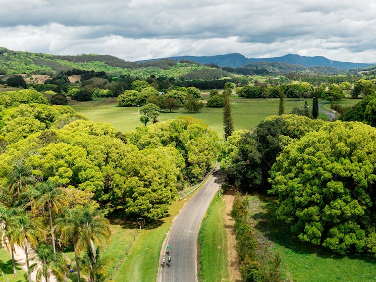 Drone shot showing group of riders on an ebike tour and the lush hinterland of The Pocket