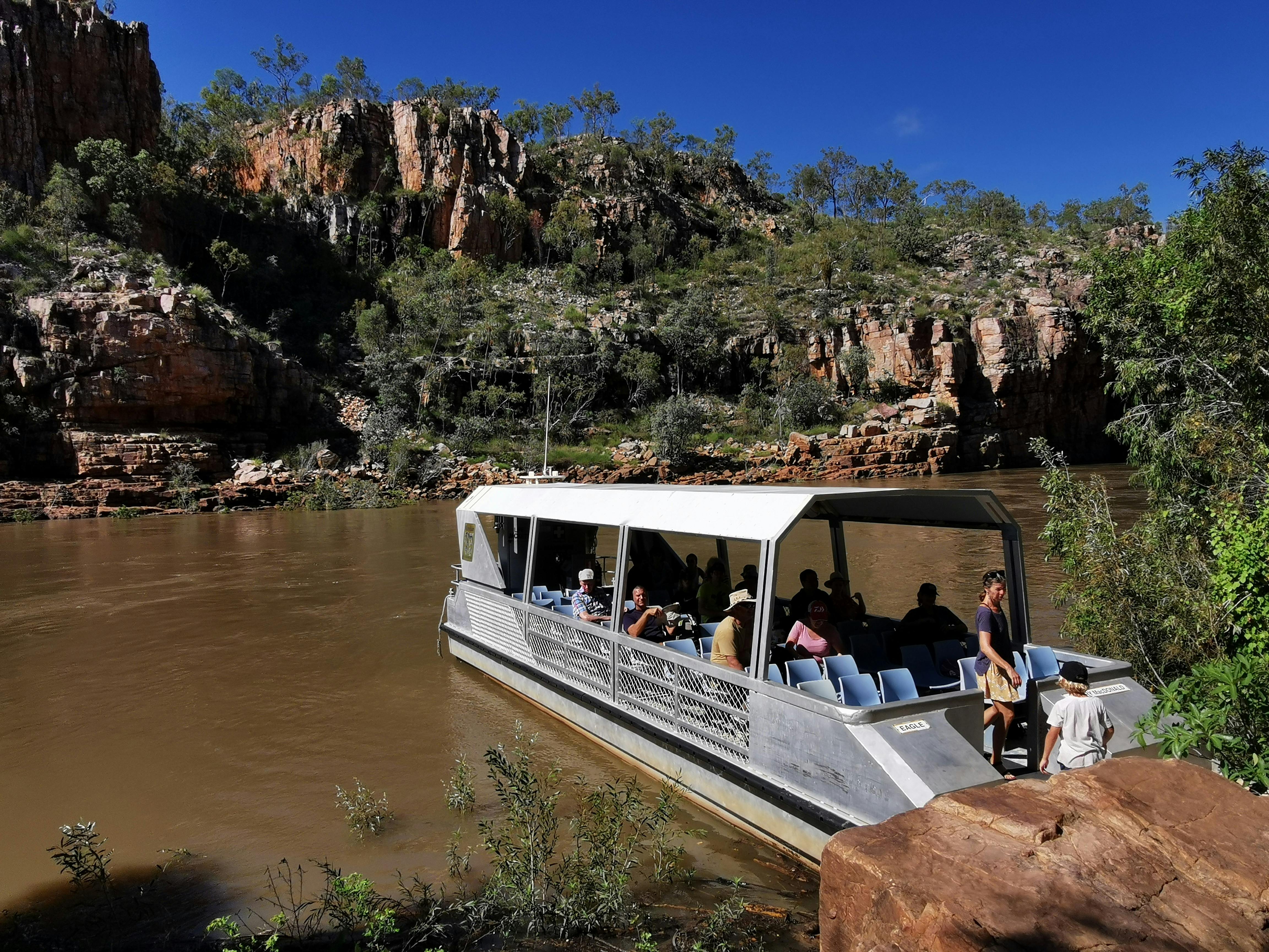 Kathrine Gorge formation in the background and the cruises ship on the Kathrine River