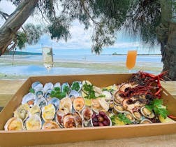 platter with oysters, abalini, marron, glass of wine , juice with view of ocean in background