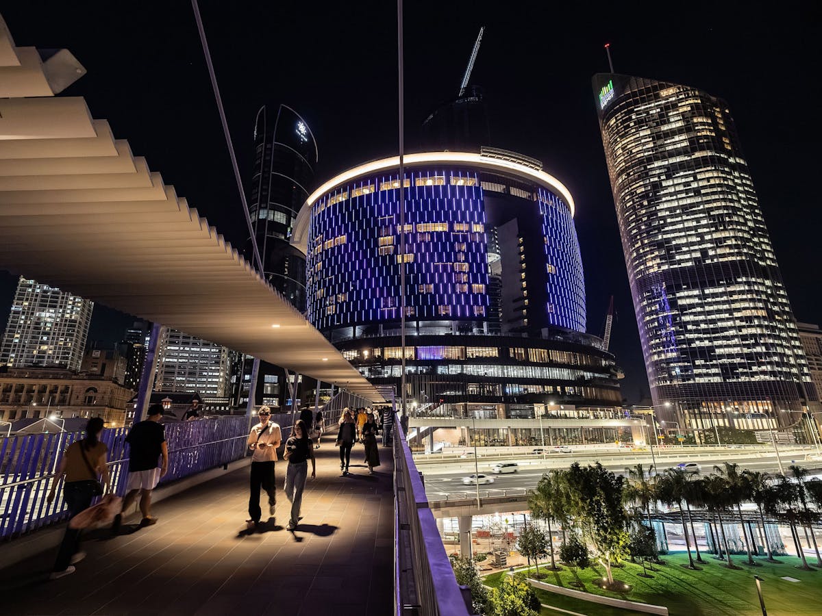 The Star Brisbane building with it's facade lit purple