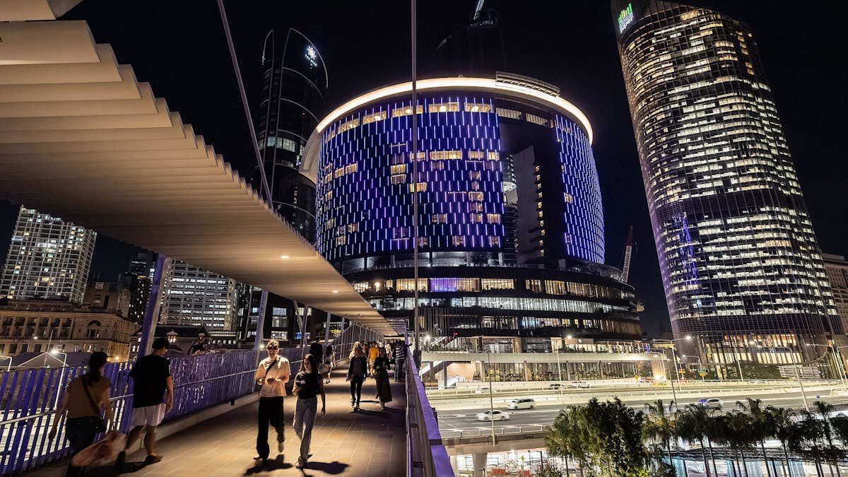 The Star Brisbane building with it's facade lit purple