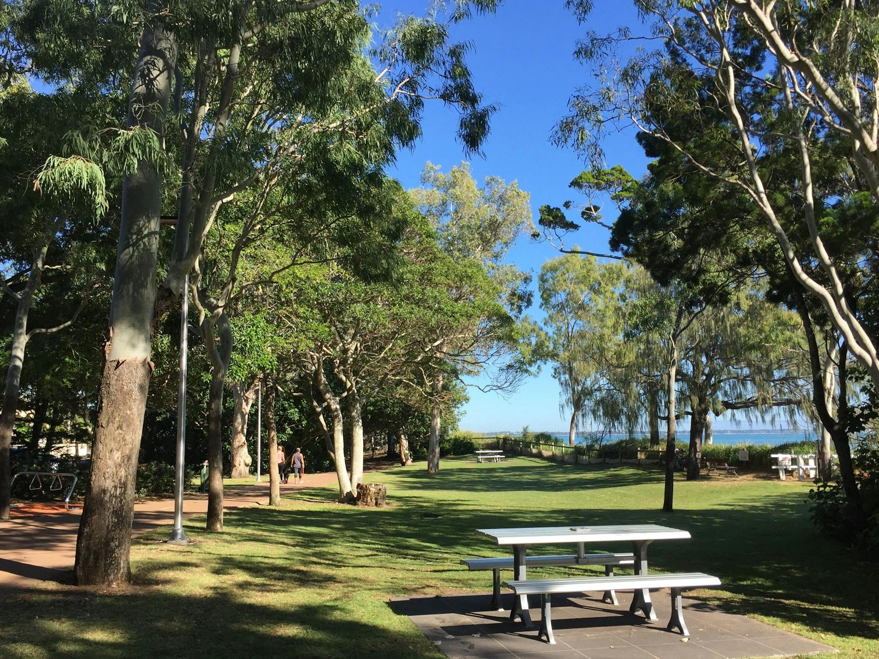 photo showing part of Hervey Bay Coastal Pathway near grassed area with picnic table