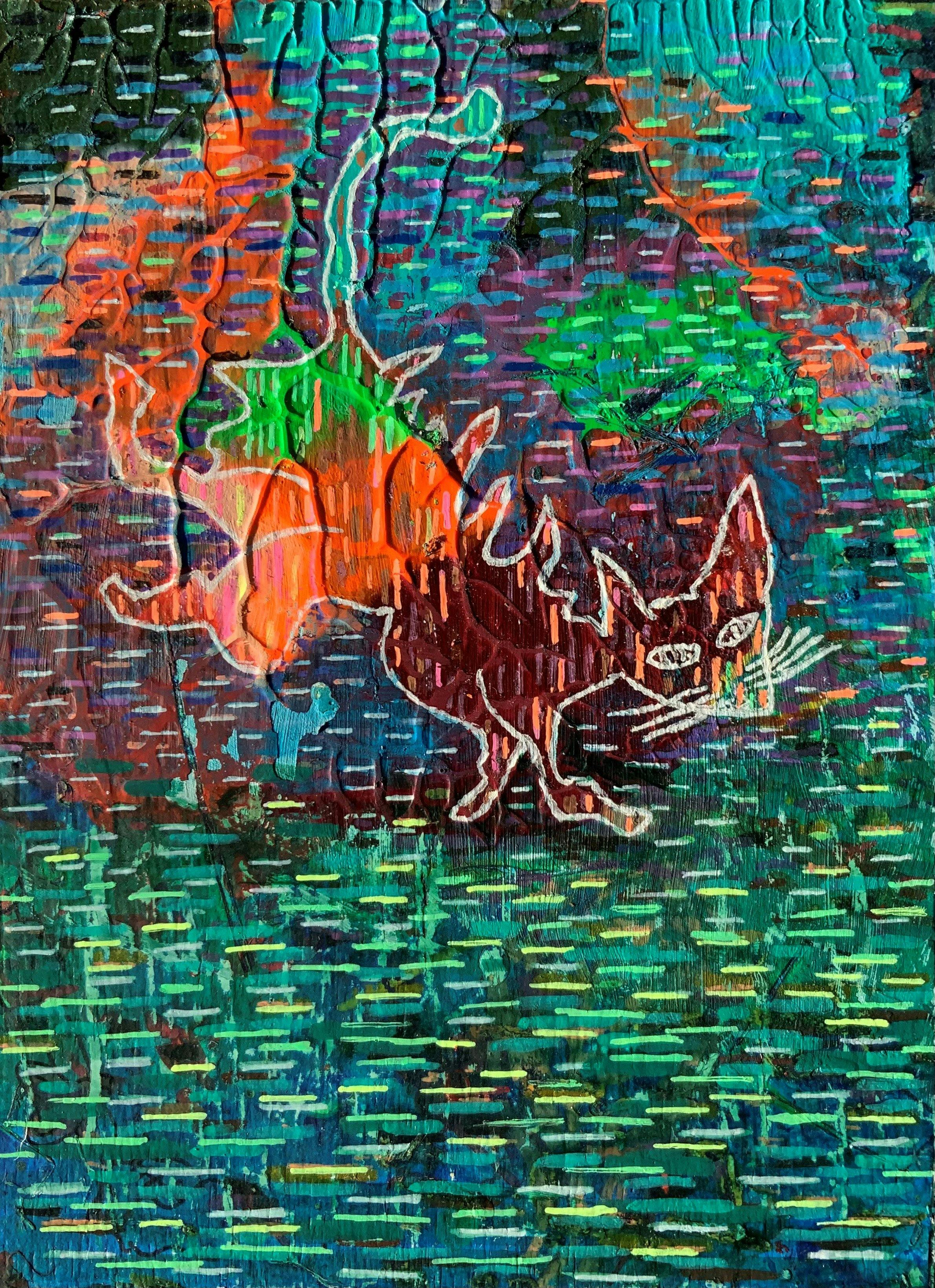 A brightly coloured abstract painting that features a form reminiscent to a cat