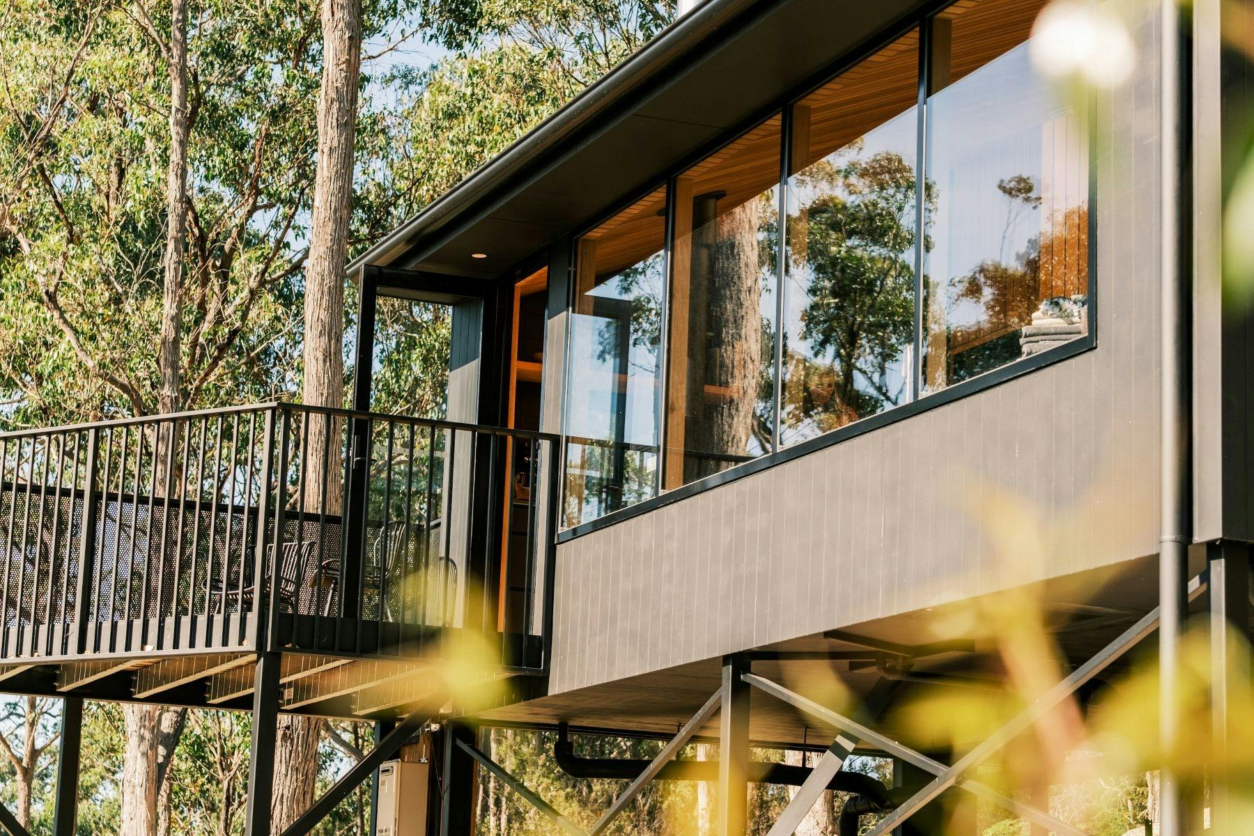 Image of asymmetrical deck at Hunter Huon Valley, designed by Maguire & Devine architects