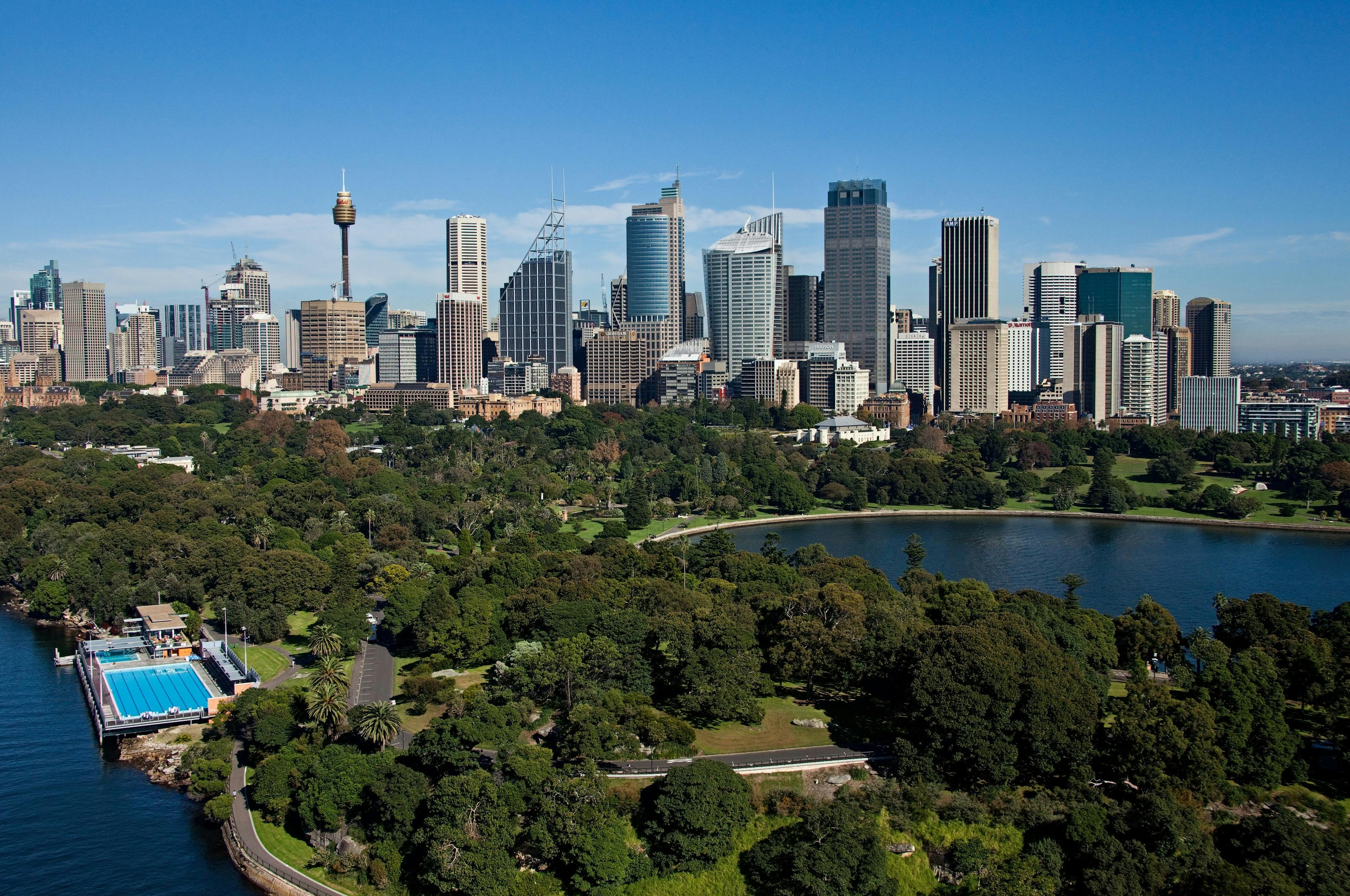 Aerial of Royal Botanic Gardens and Sydney CBD including Andrew Boy Charlton Pool
