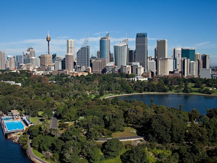 Aerial of Royal Botanic Gardens and Sydney CBD including Andrew Boy Charlton Pool