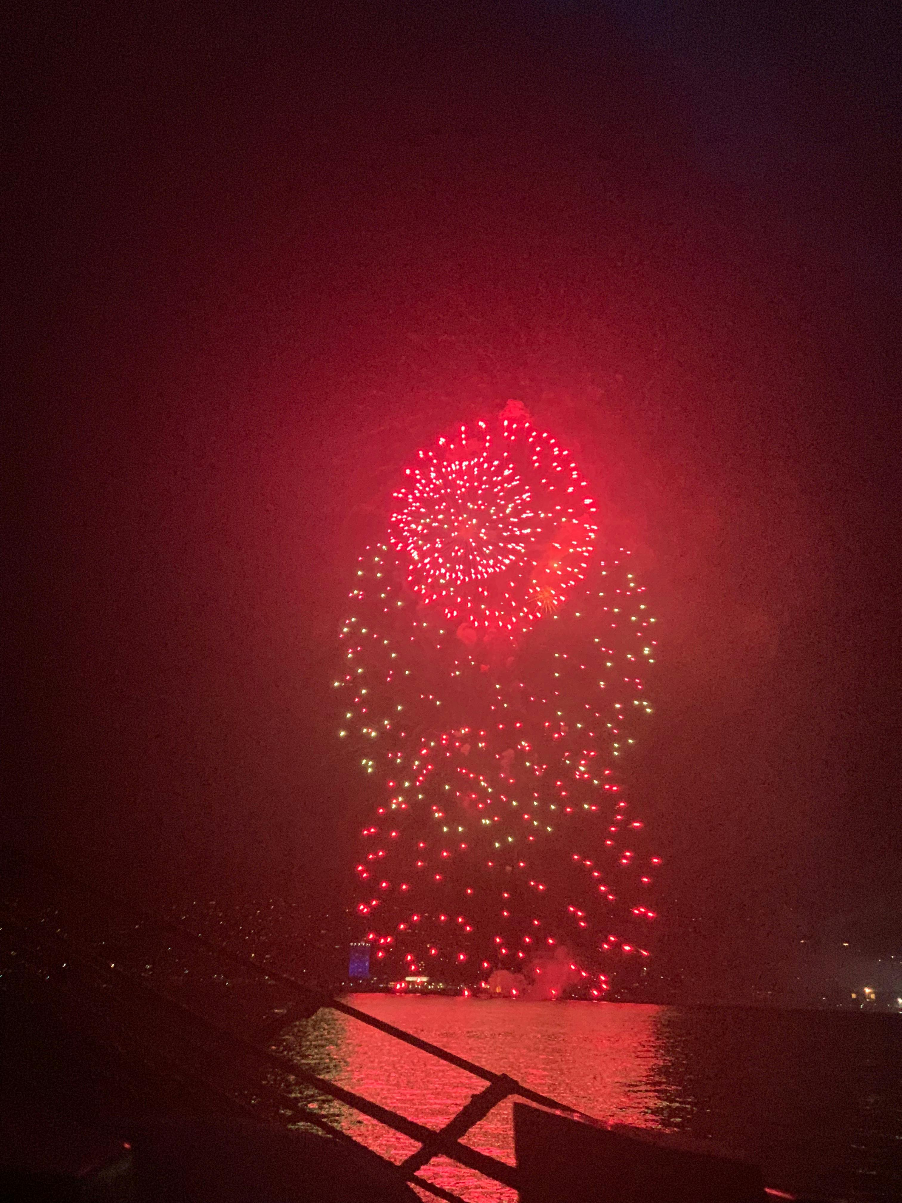 Fireworks exploding from the deck of the Lady Nelson Tall Ship