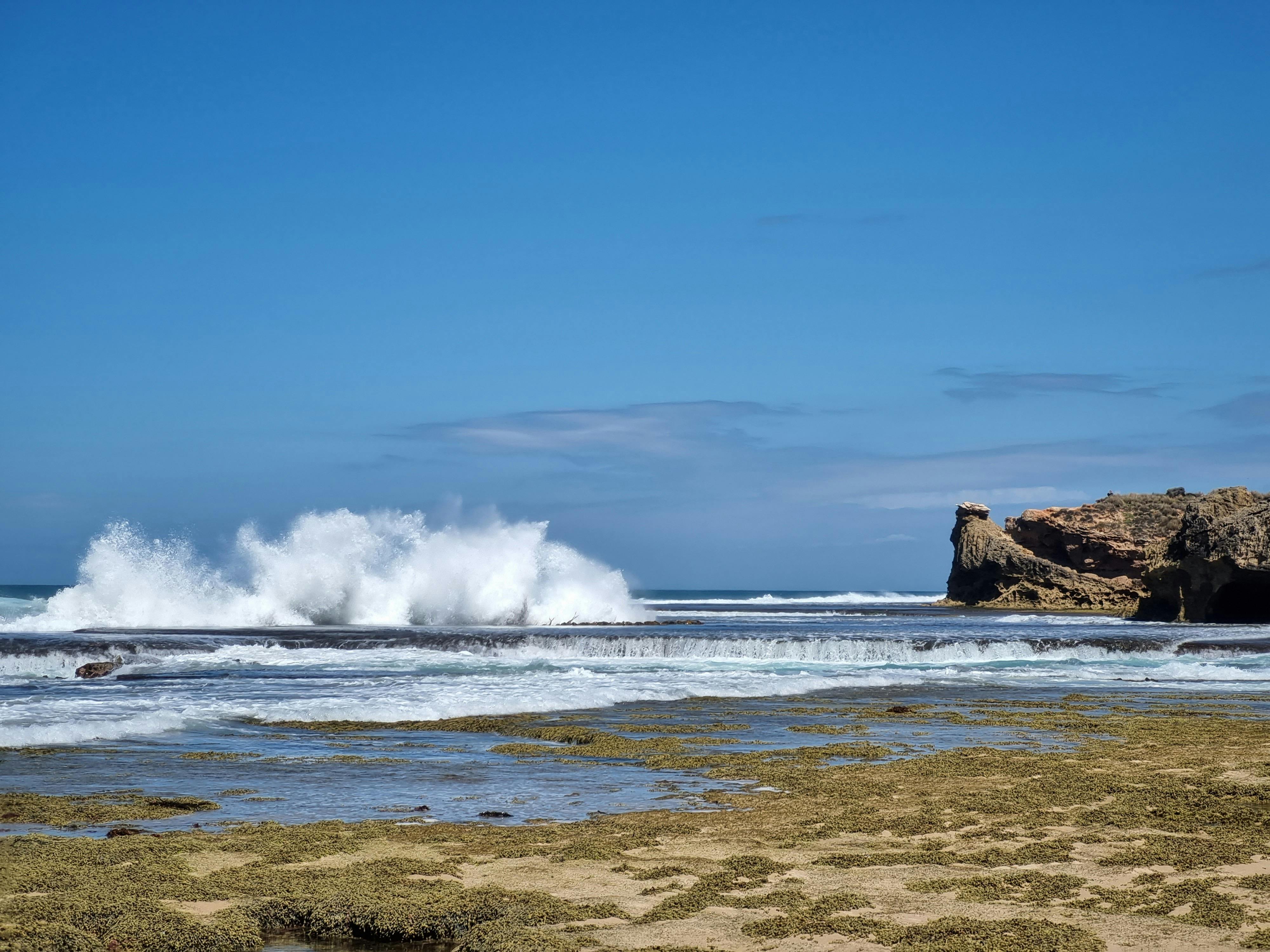 The powerful ocean meets the rock shelves with spectacular effct along our coastal walk.