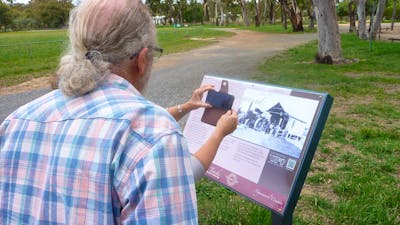 Back of man looking at information board in park setting