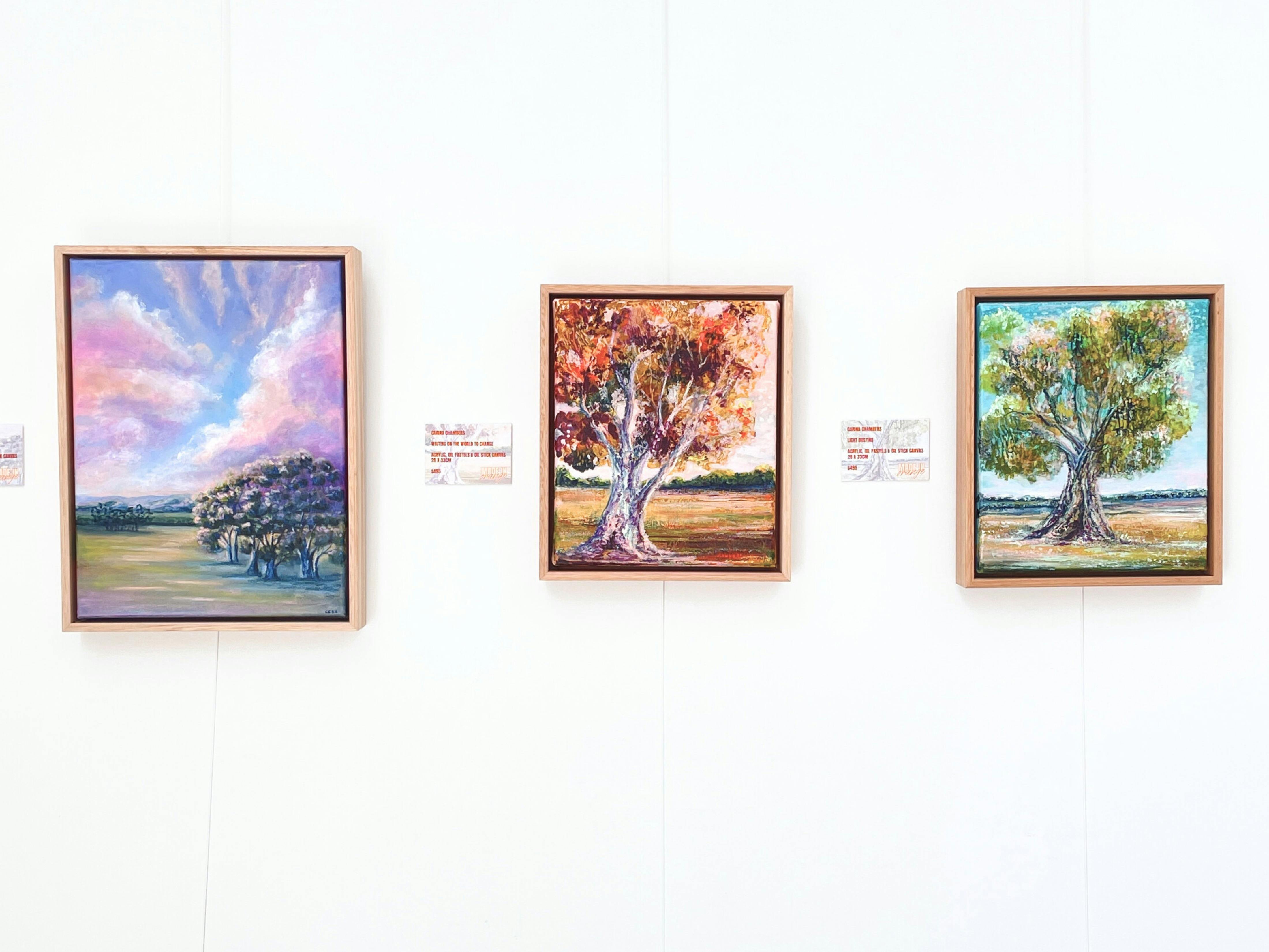 Bright colourful uplifting paintings of trees and landscapes