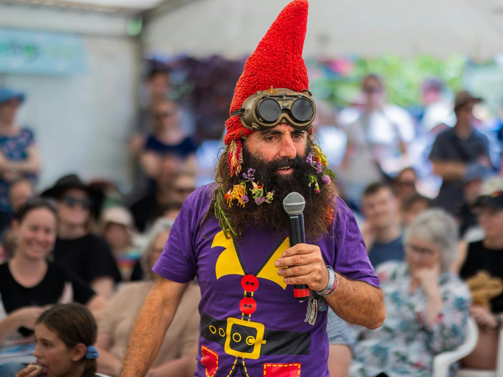 Costa Georgiadis as Costa the Garden Gnome giving a talk.