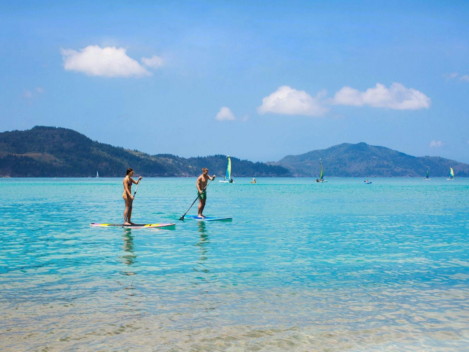 A couple on stand up paddle boards at Catseye Beach