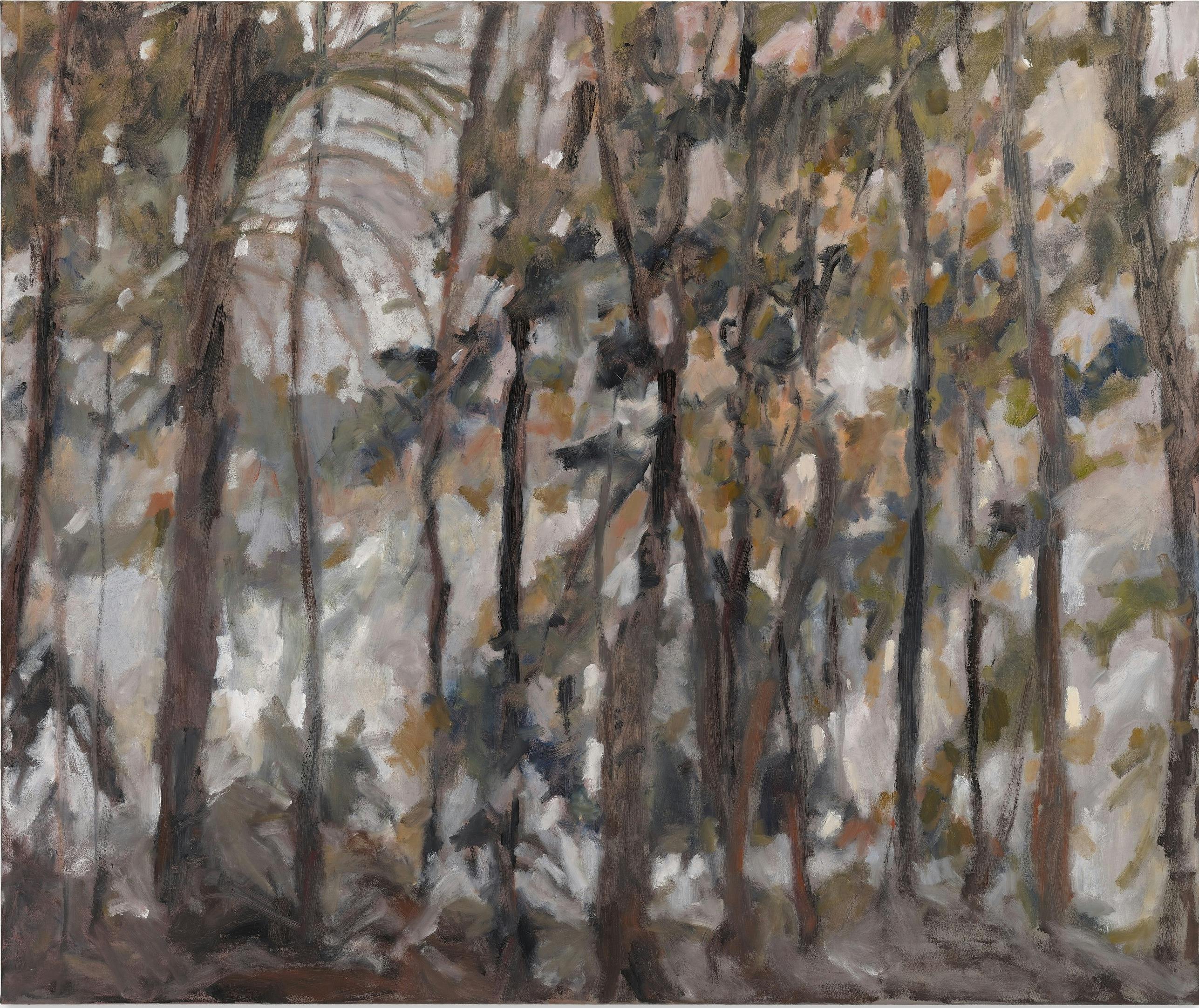 A painting depicting a bush landscape, where smoke begins to rise as a fire takes hold.