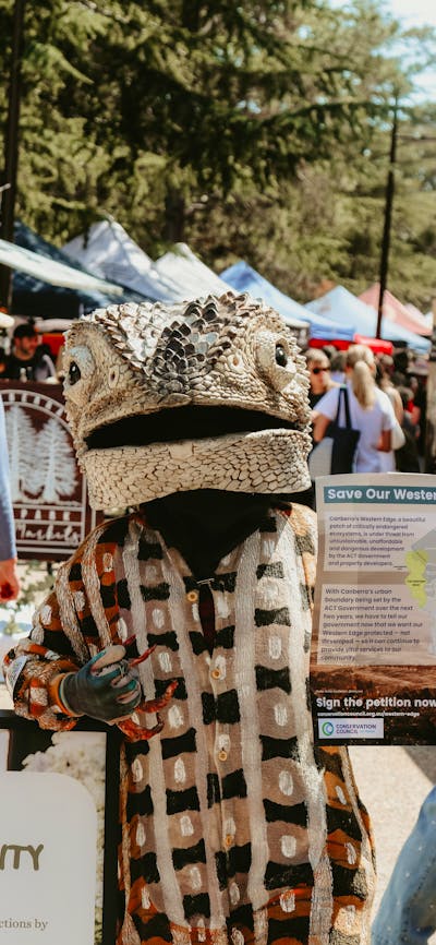 An image of a person dressed up as a Lizard at the Haig Park Village Markets