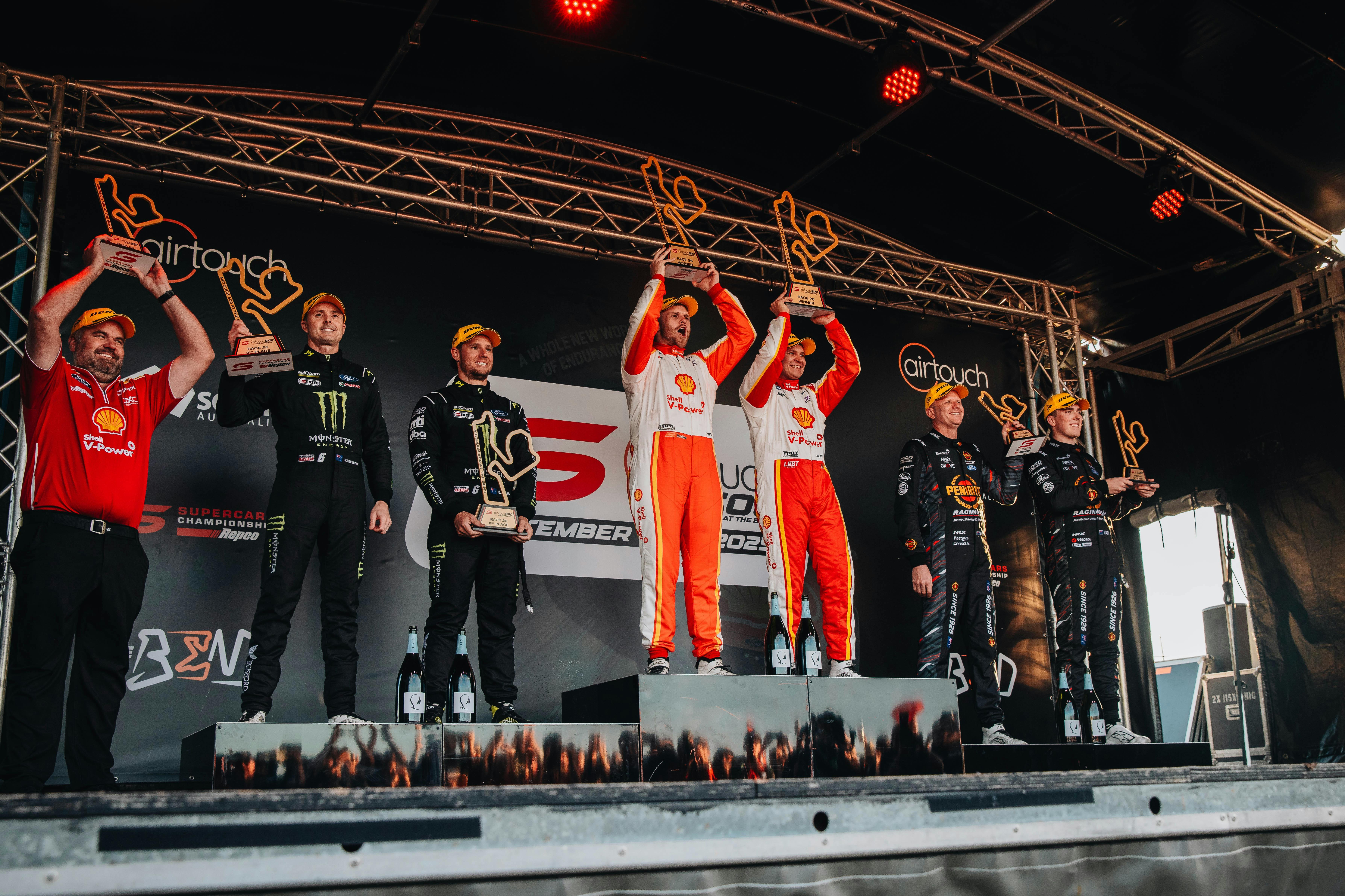 Podium celebrations at AirTouch 500 at The Bend