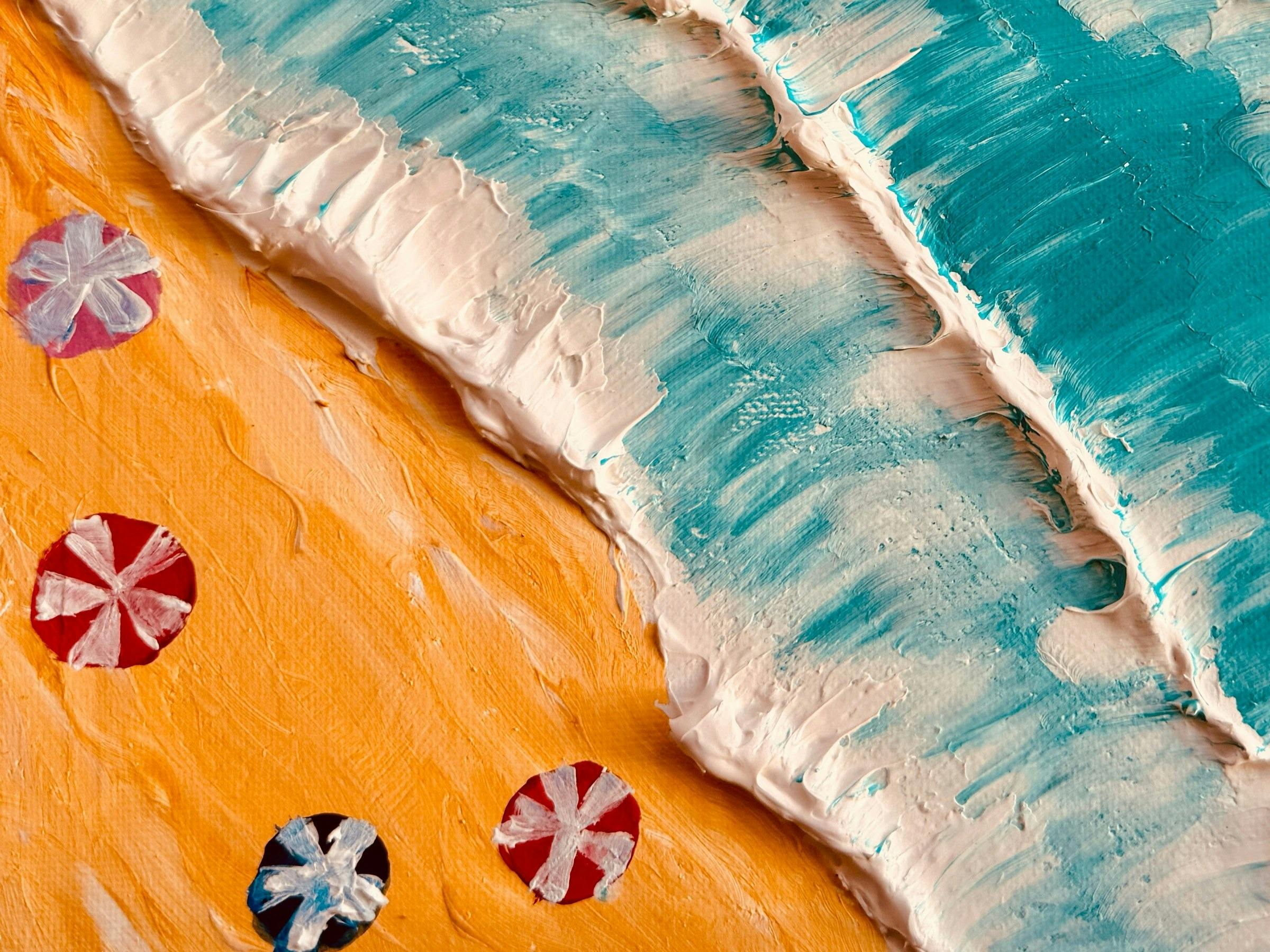 Textured beach artwork with orange sand, painted umbrellas and a thick white shore break