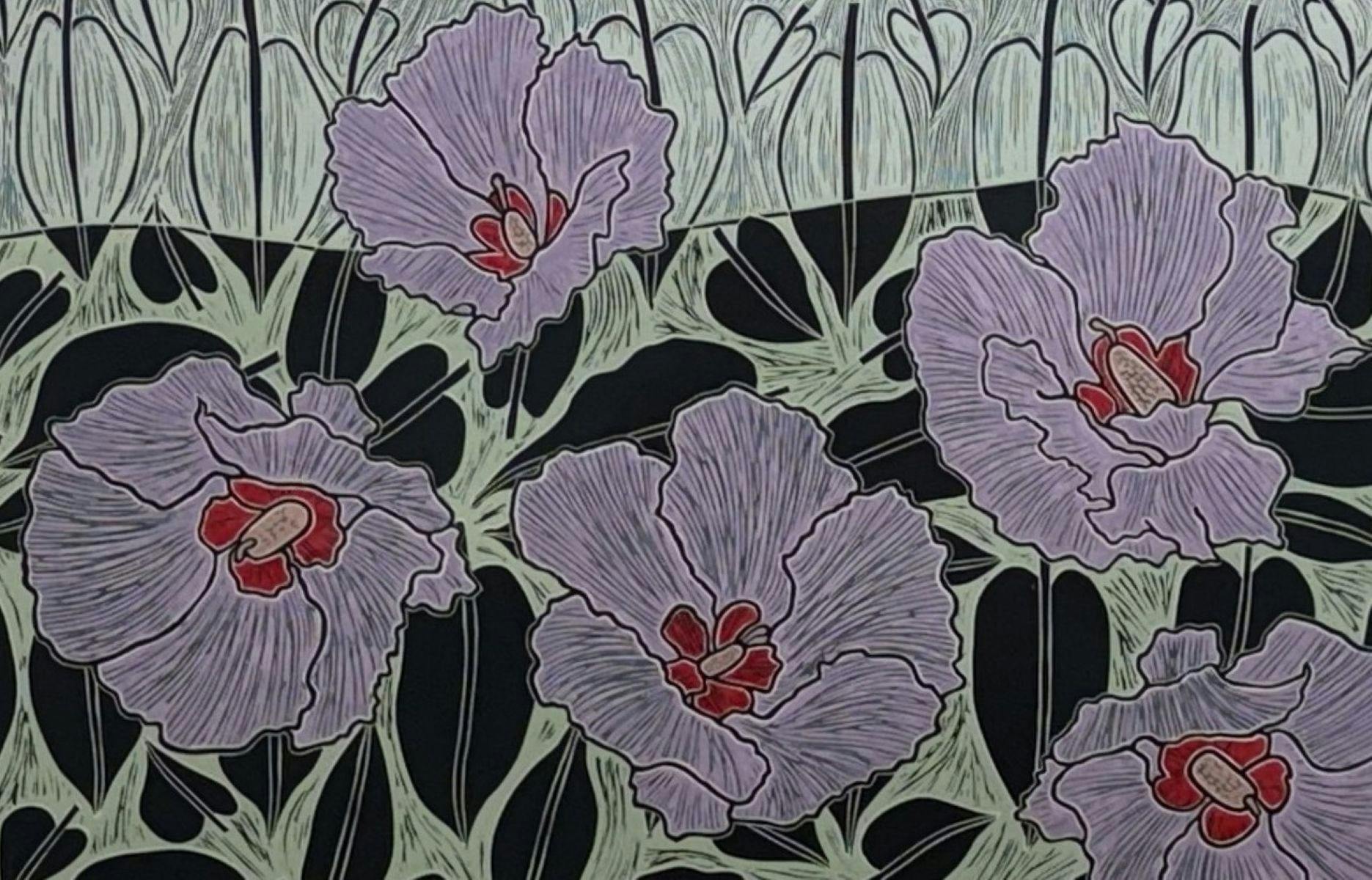 "Sturt's Desert Rose (detail). one block and hand colouring